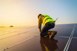 A solar technician working with solar panel on the roof of a farm