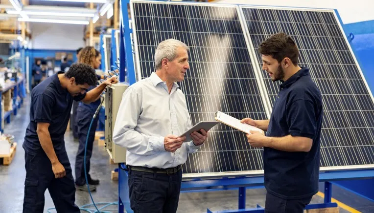 Foreperson talking to an employee about the use of solar power