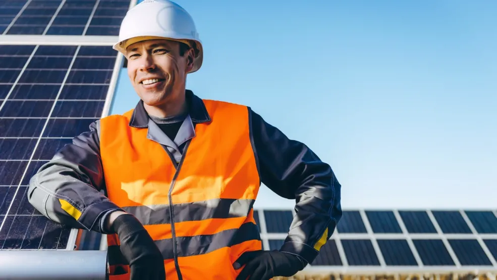 Technician in front of solar panels