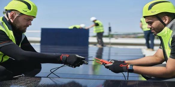 Commercial solar panel install with technician